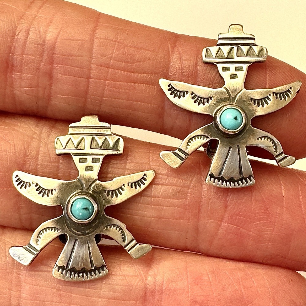 VTG Navajo Knifewing Kachina Earrings Turquoise Sterling Clip On Native Amer